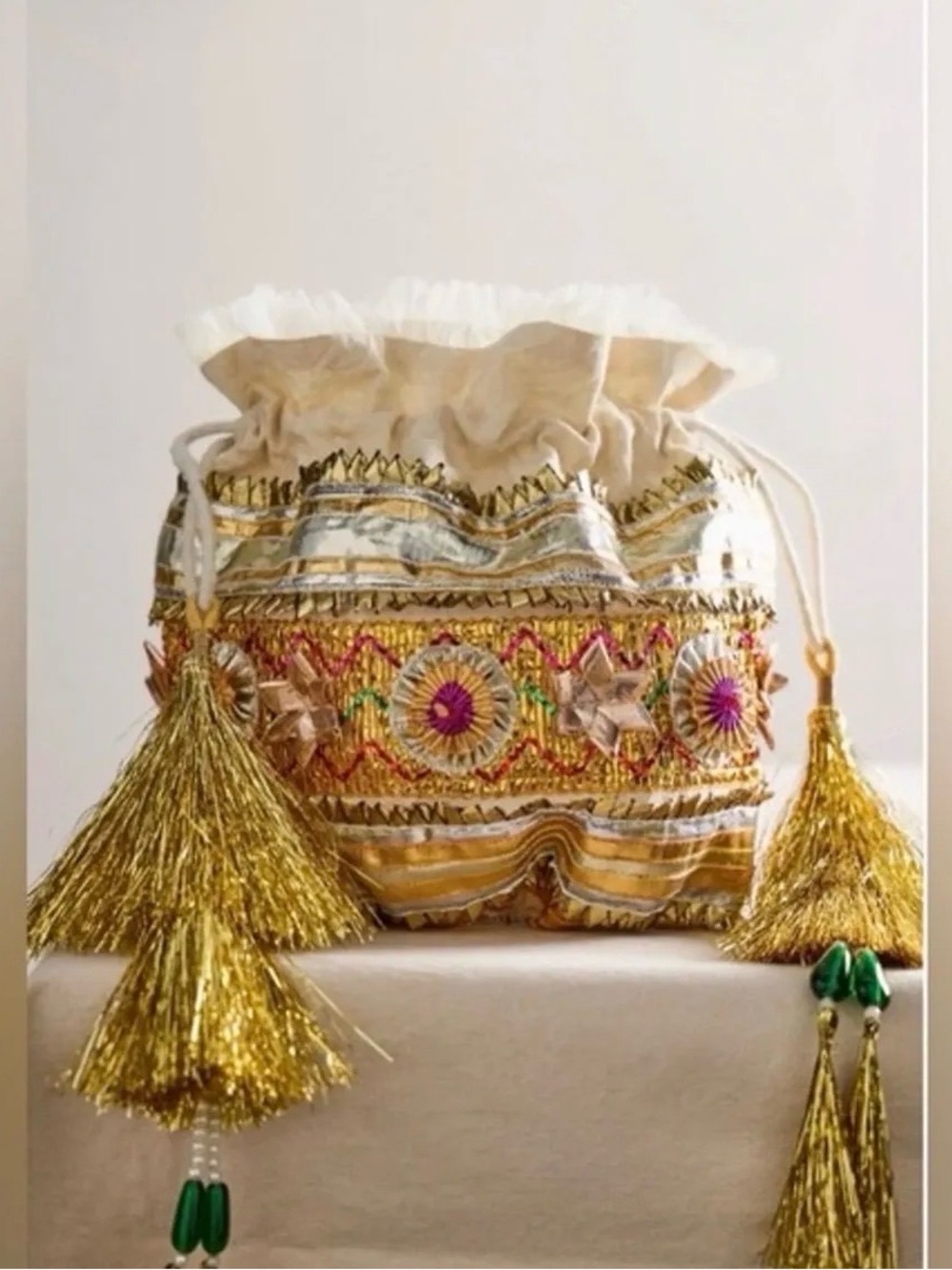Free People Seasons Sparkle Mini Gift Sack in Gold & Silver NWT